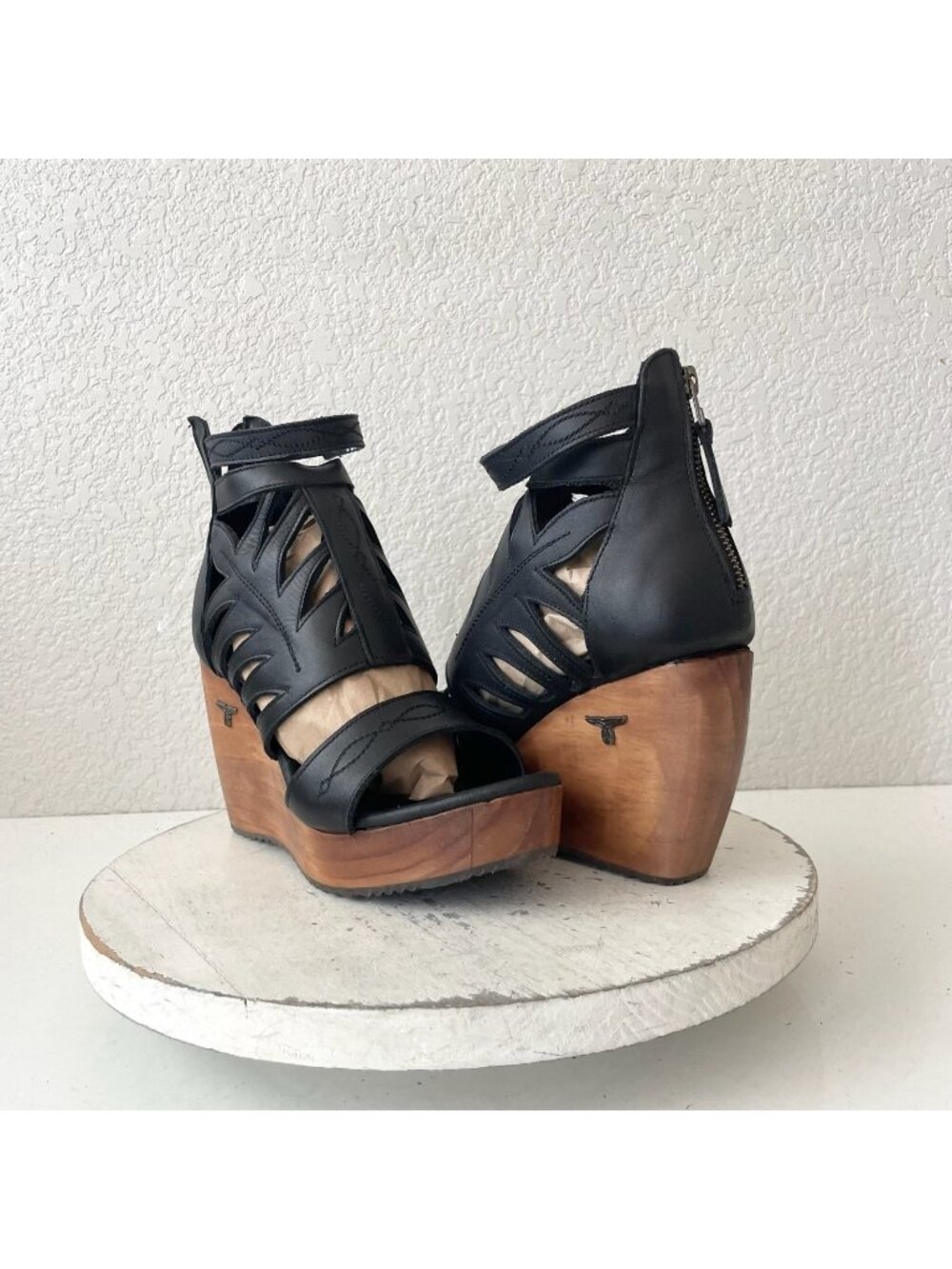 Lane Boots BECCA Womens Black Wedges 7.5 Western Sandals Cowgirl Leather Heels